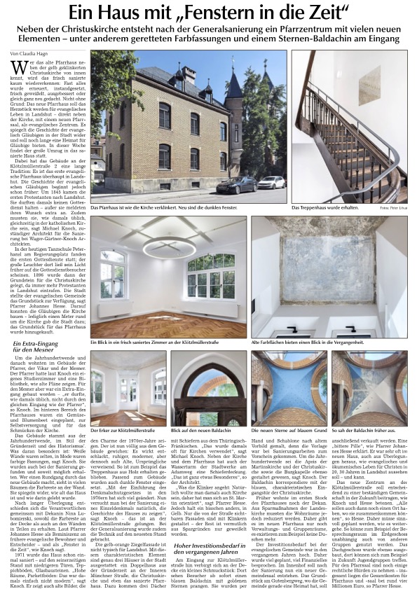 Bild des Zeitungsartikels der Landshuter Zeitung zur Generalsanierung des alten Pfarrhauses neben der Christuskirche